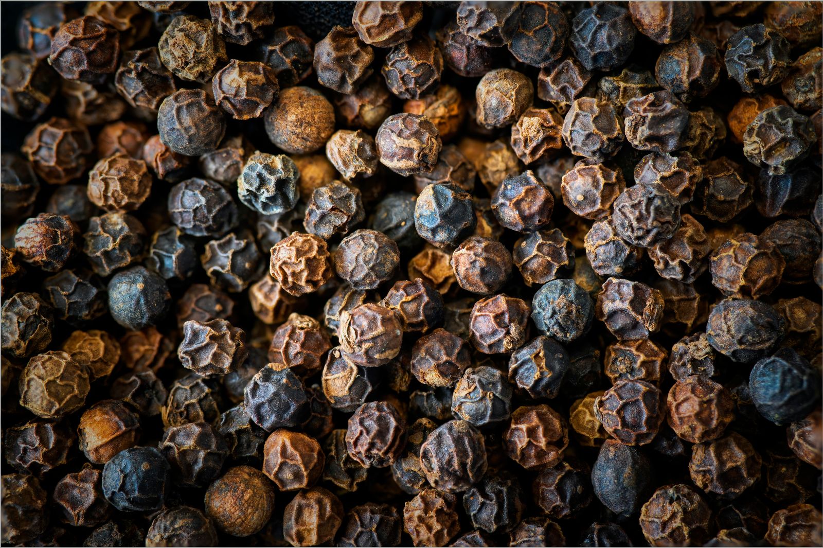 Close-up of dried whole black peppercorns